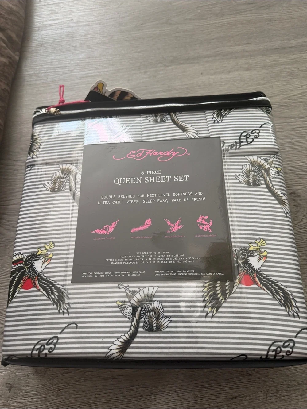 Ed Hardy Queen 6pc Sheet Set - Gray & White Striped w/ Eagle Motifs NIP